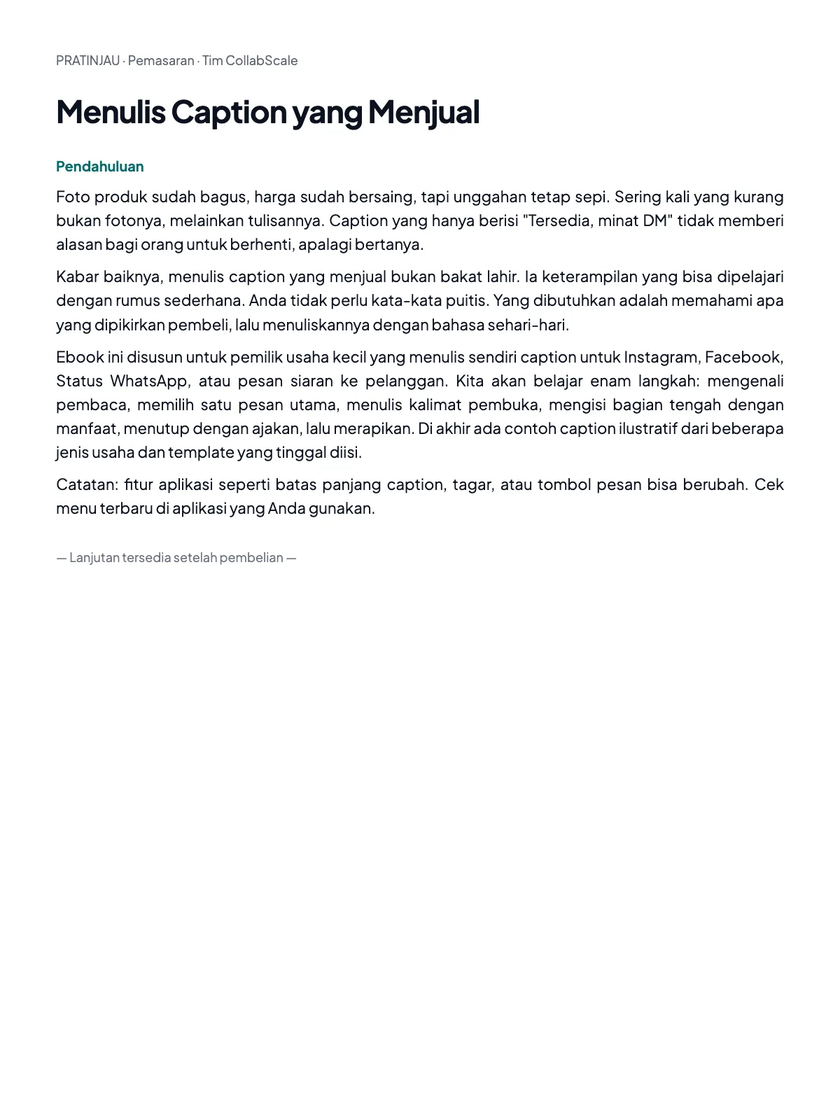 Pratinjau Menulis Caption yang Menjual