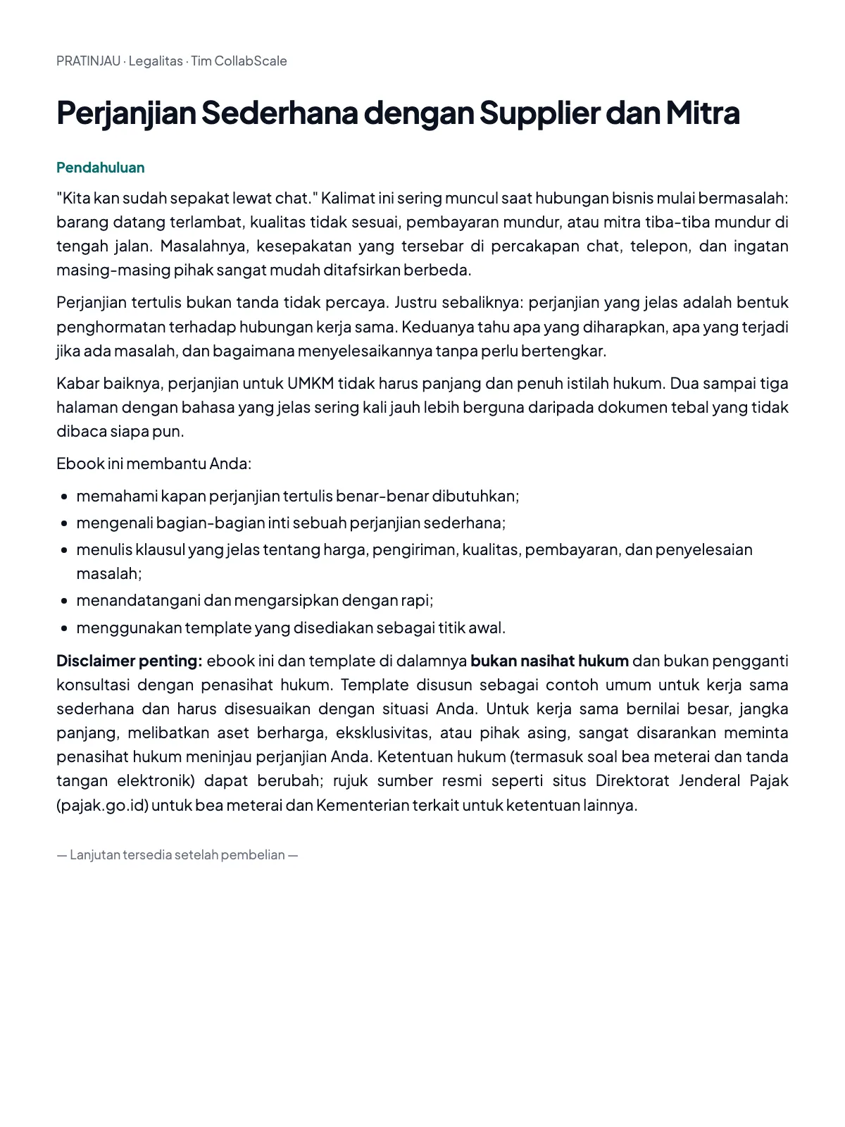 Pratinjau Perjanjian Sederhana dengan Supplier dan Mitra