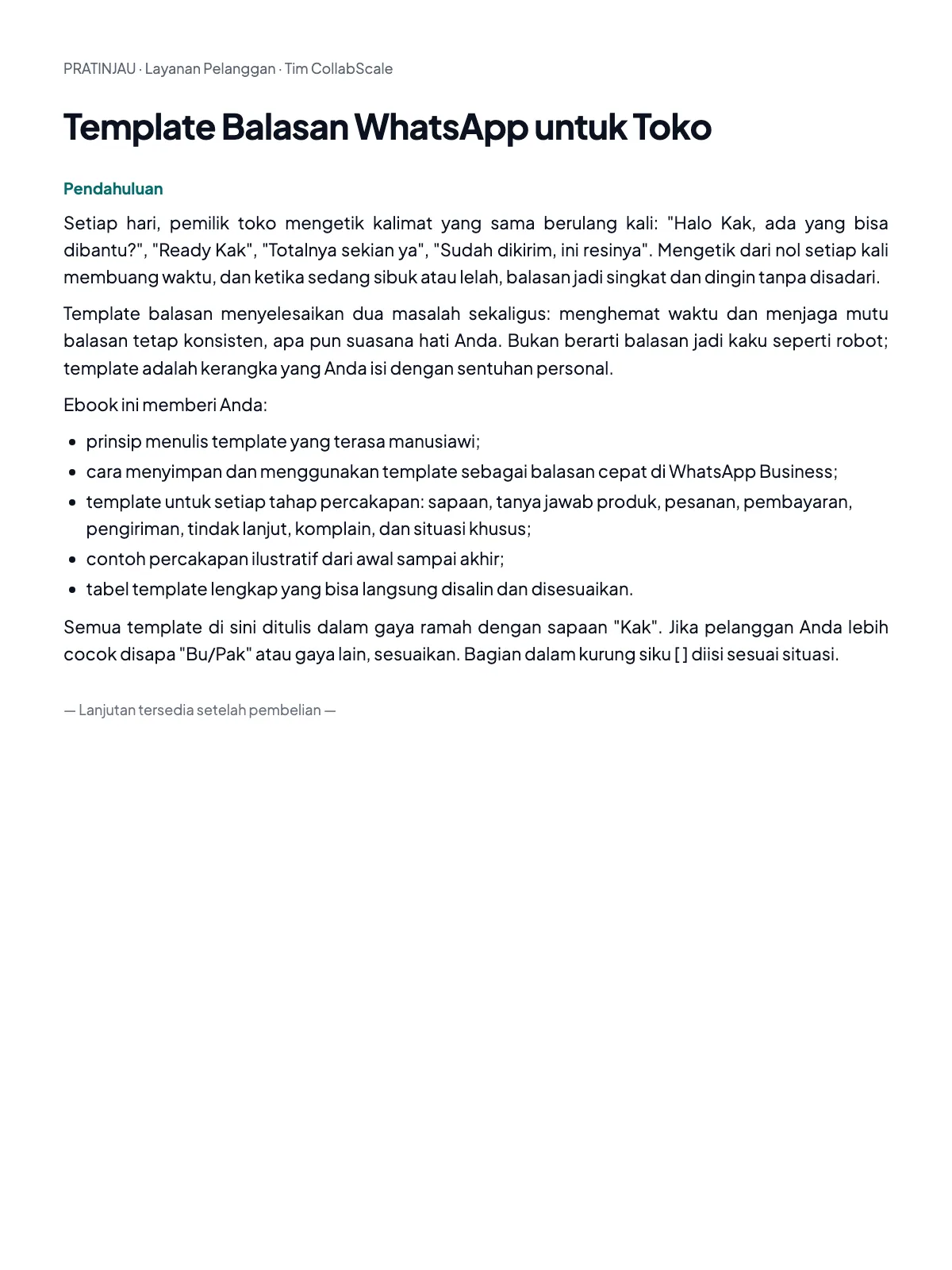 Pratinjau Template Balasan WhatsApp untuk Toko